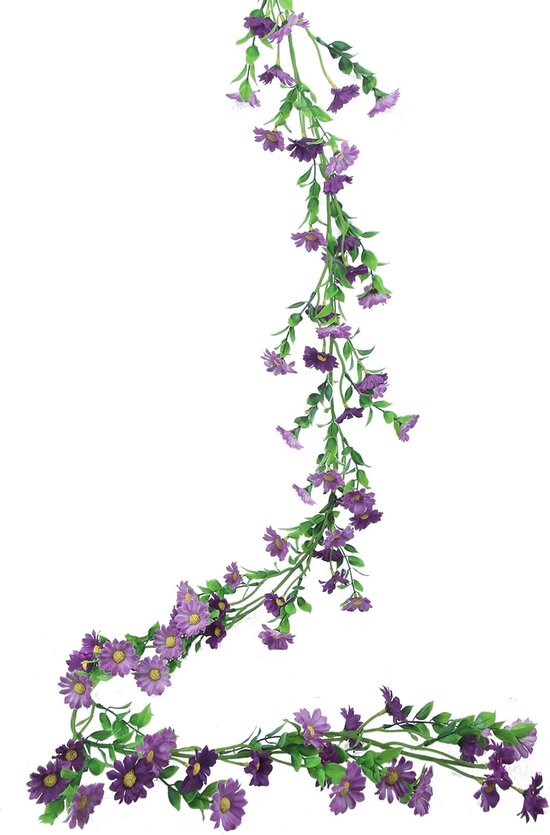 SnelShoppen - Bloemenslinger Kunstmadeliefjes - Paarse en Roze Zijde Bloemen met Groene Ranken - Decoratie voor Bruiloft, Lente, Pasen, Tuin, Muur, Fe