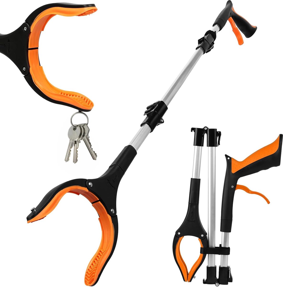 Grijptang voor senioren, 91 cm, uittrekbare vuilnisgrijper, opvouwbare grijper om op te tillen met magneet, licht 360° draaibare kop, tuinieren, extra lange grijparm, oranje