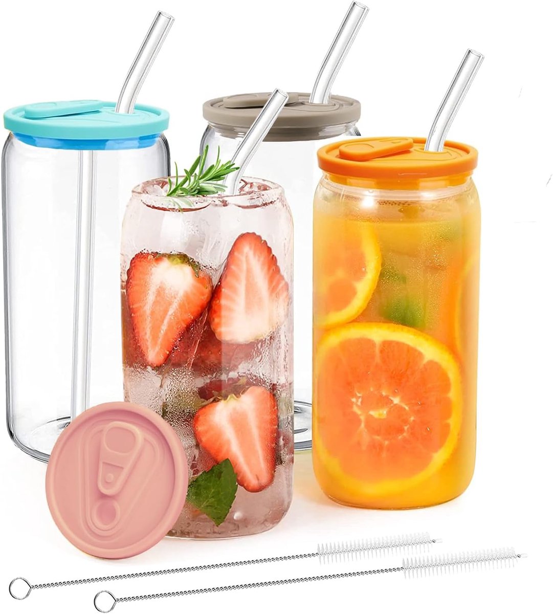 Drinkglazen met Deksel en Rietje,500ml ijskoffieglazen,4 Stuks Glazen Cocktailglazen,Blikvormige Glazen Bekers,Ideaal voor Smoothie,Koffie,Cocktail, Whiskey