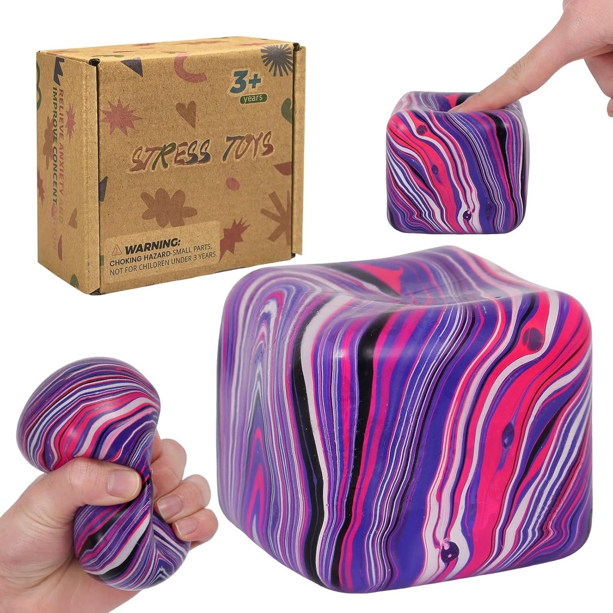 Swirl Ice Cube Sensory Stress Relief Toy for Autism, Large 2.76in Squishy Cube Squeeze Toy by Graphinza, Durable Squeeze Toys for Boys & Girls Age 3+ and Adults (Purple)