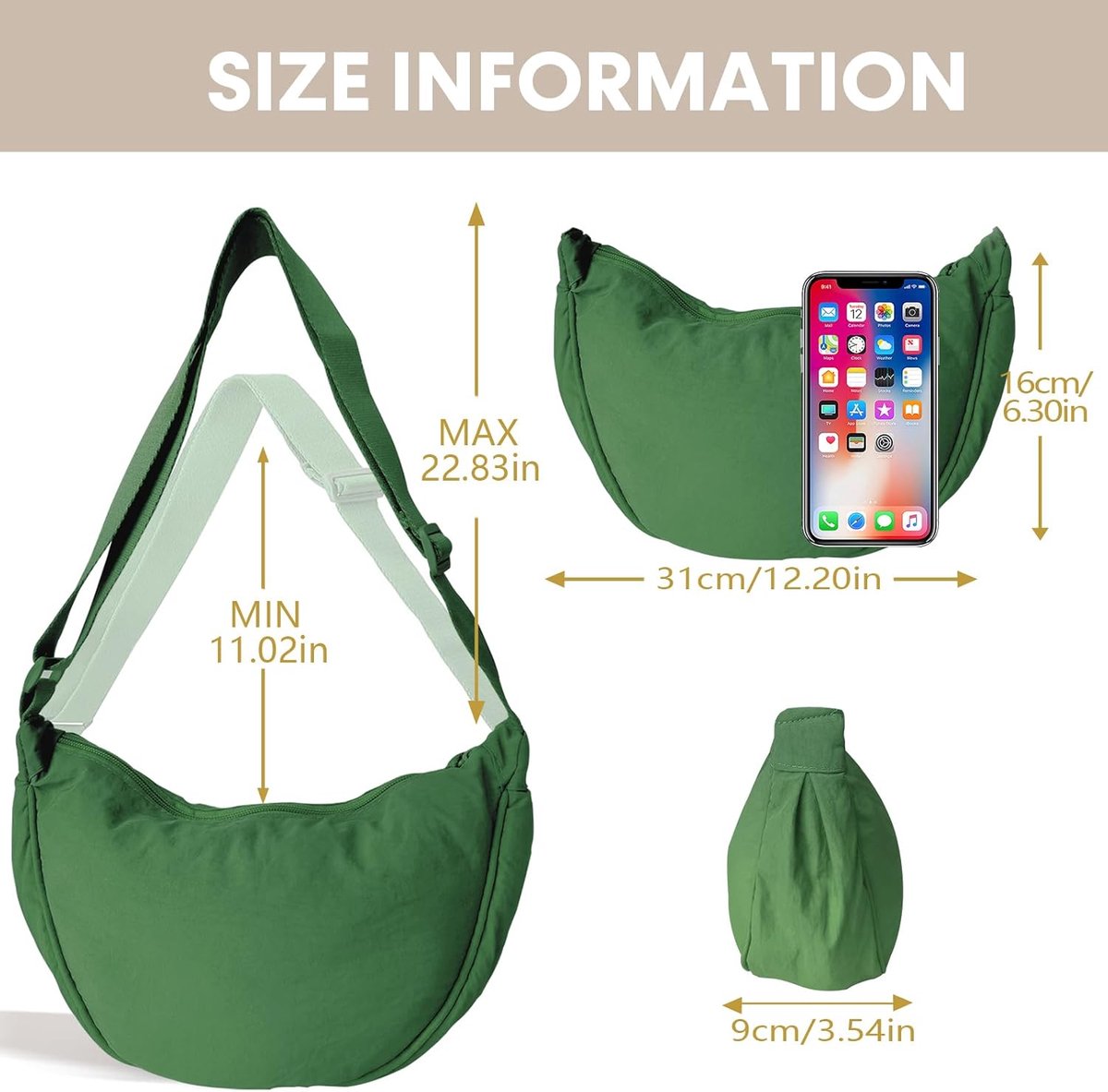 maan tas voor vrouwen, nylon halve maan tassen vrouwen crossbody tas met verstelbare riem, effen kleur knoedel zakken draagbare halve maan portemonnee voor dagelijks gebruik