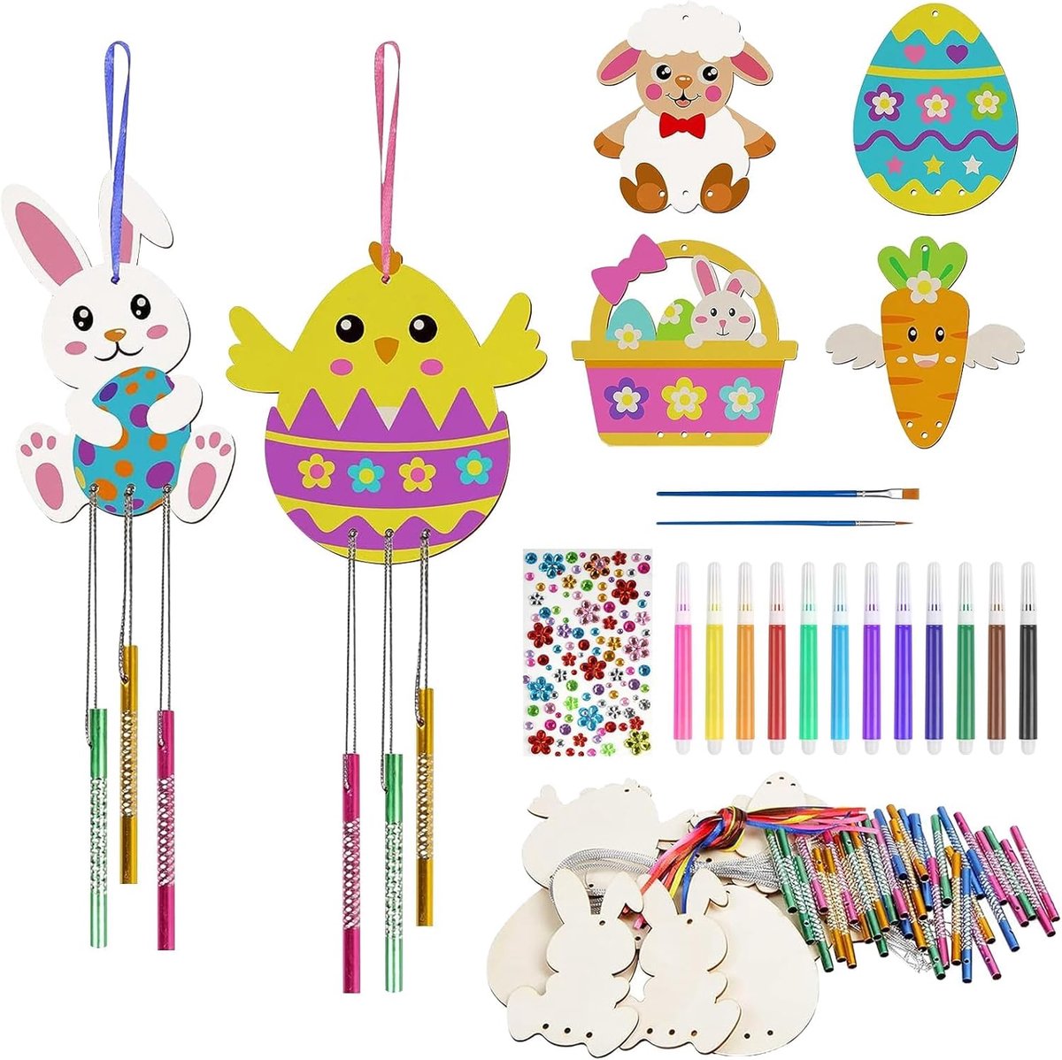 Houten schilderknutselset voor kinderen, met konijntjes, kuikentjes, mandjes, wortels en windgongen, creatieve knutselactiviteiten voor jongens, meisjes en peuters, feest