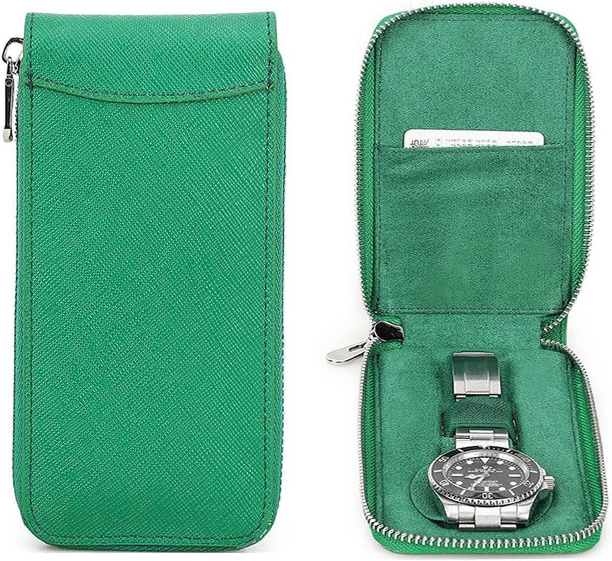 Horloge Reis Case 1 Horloge Opslag Box Saffiano Leer Draagbare Rits Horloge Organizer (Bos Groen)