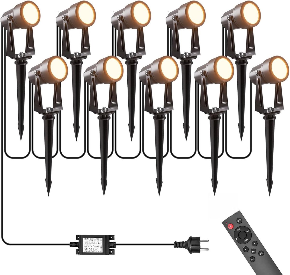 Led-spots voor buiten set van 3W*10, 3000K Warm Wit, met afstandsbediening, IP65 Waterdicht - Met 35M voedingssnoer - Voor paden, gazons en terrassen