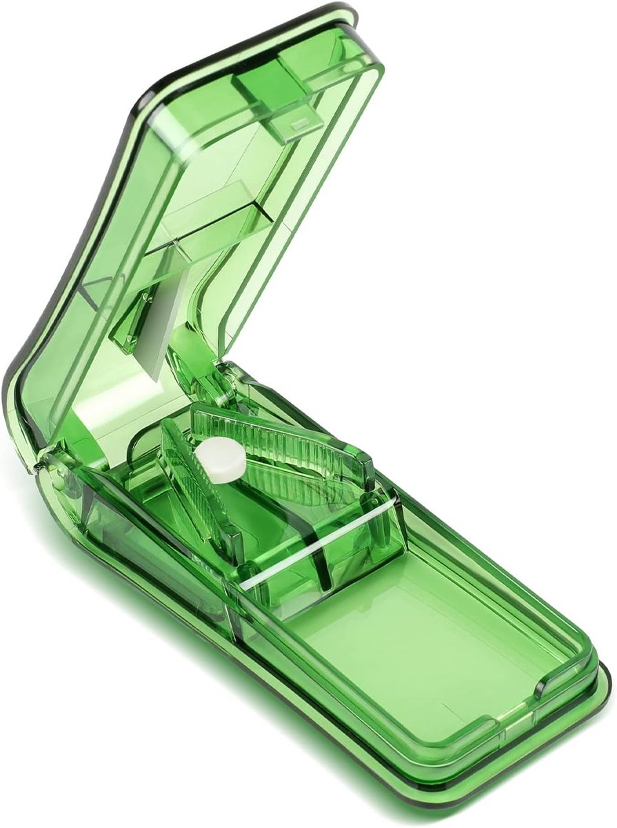 Tablettenverdeler voor grote en kleine tabletten, tablettensnijder, pillensnijder, medicijnverdeler, tabletverdeler, precies in een half kwart gesneden, groen