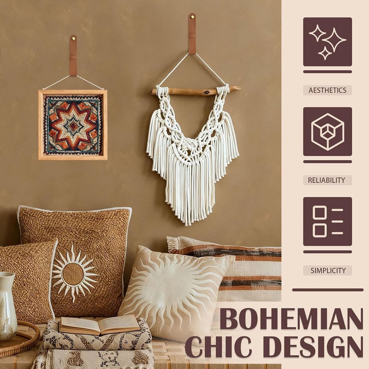 Decoratieve 6-delige set leren gordijnroede houders met schroeven en messing doppen, ideaal voor wandmontage van gordijnen, handdoeken en tapijten, bruin