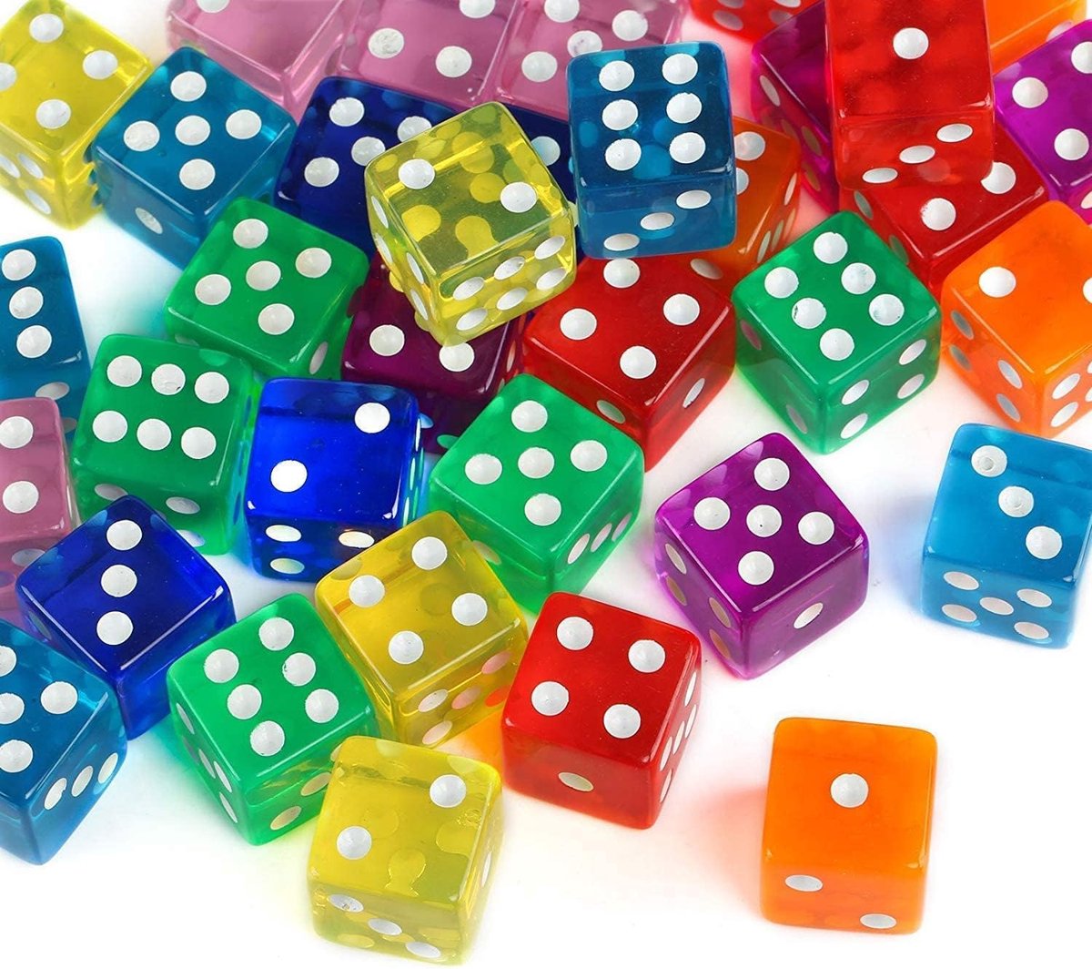 40 stuks transparante dobbelstenen 16 mm met 6 zijden 8 kleuren om games te spelen | Acrylkunststof, 16 mm, 8 verschillende kleuren, afgeronde hoeken, beschilderde holle punten om spelletjes te spelen