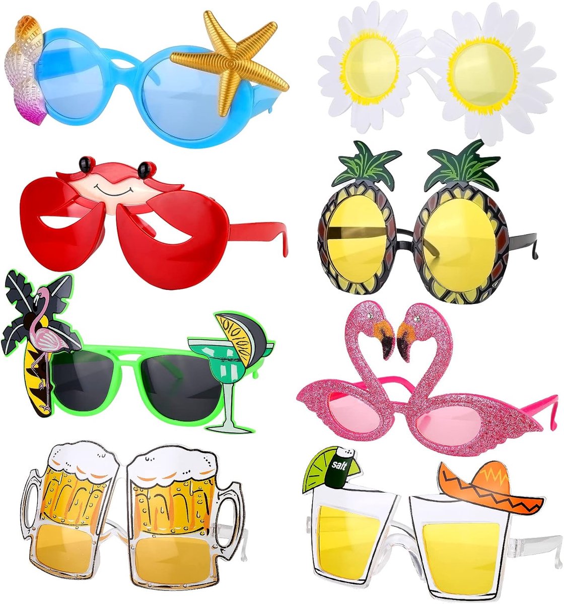Feestbril, 8 stuks, grappige bril, Hawaï, tropische zonnebril, Luau