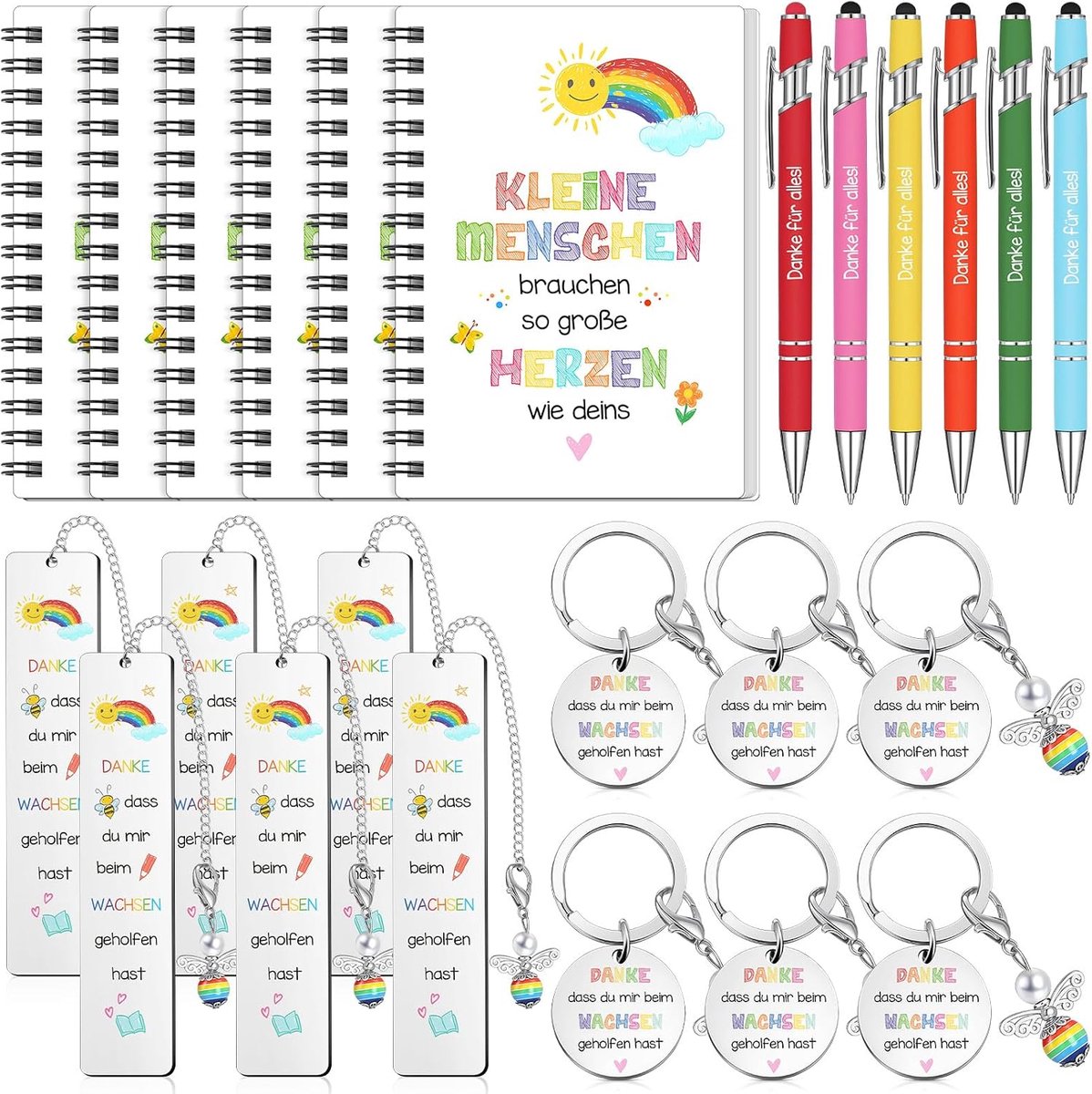 Set van 6 afscheidscadeau voor opvoeders, inclusief 6 notitieboekjes en 6 beschermengel-sleutelhangers, 6 x 6 metalen bladwijzers, bedankje voor leraren