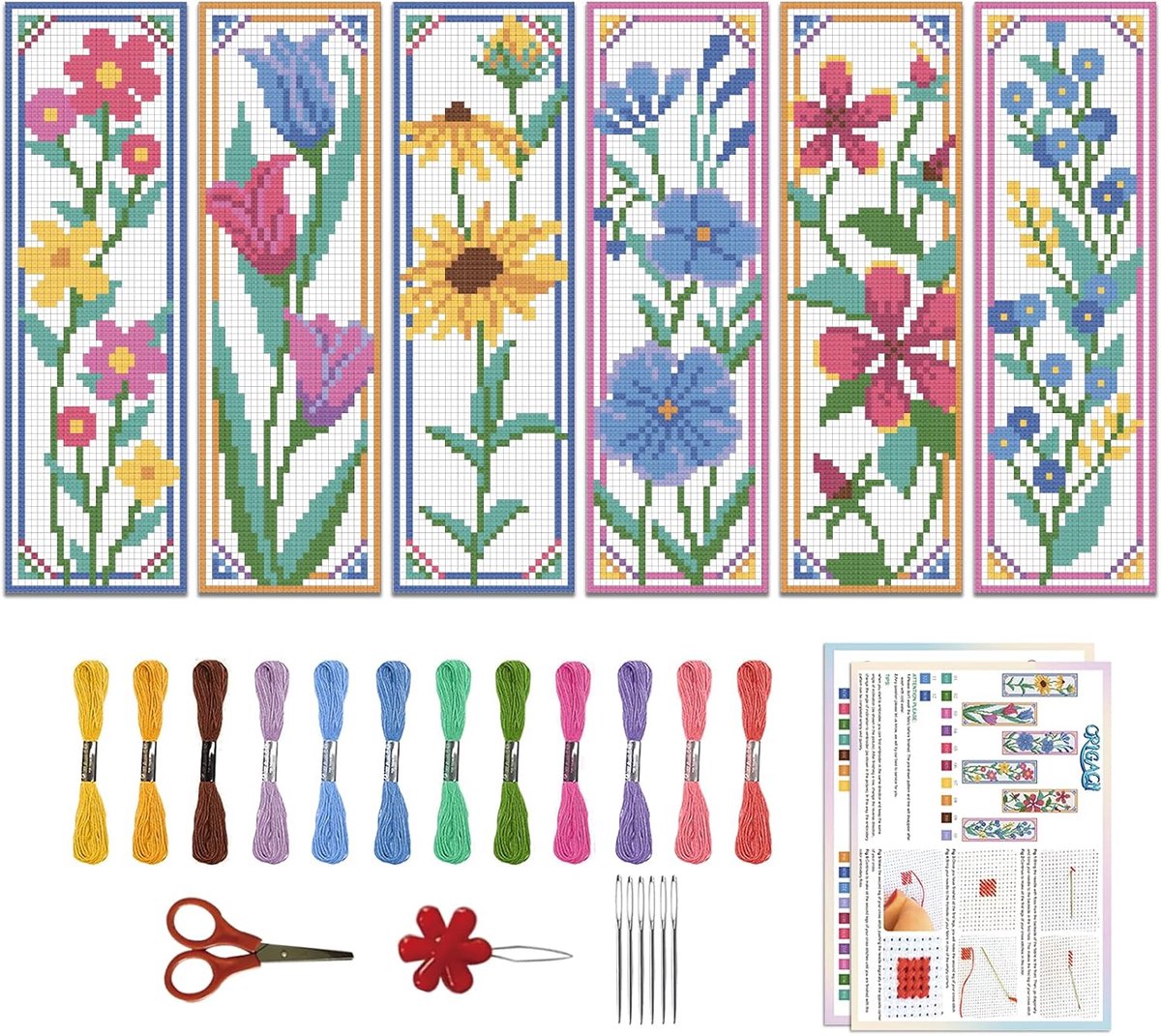 6 stuks bloem kruissteek bladwijzer kit voor beginners zonnebloemen tulp doe-het-zelf gestempeld borduurwerk bladwijzer kit voor starter bedrukte kruissteek kits met instructie voor