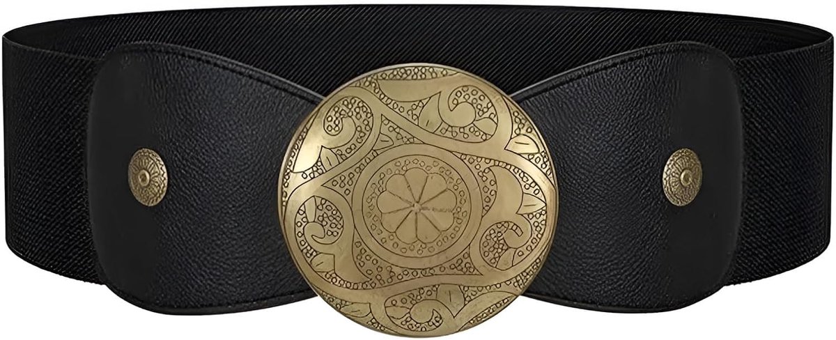 Dames brede elastische tailleriem western cowgirl riem schijf riem retro lederen riem jurk heupriem voor dagelijks gebruik feest - zwart stijl2