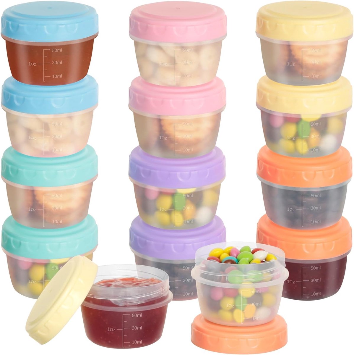 12 stuks mini-containers voor sauzen, snacks, 80 ml, mini-voedselcontainers, BPA-vrij, pesto-glazen, luchtdicht, voor sauzen, specerijen en snacks
