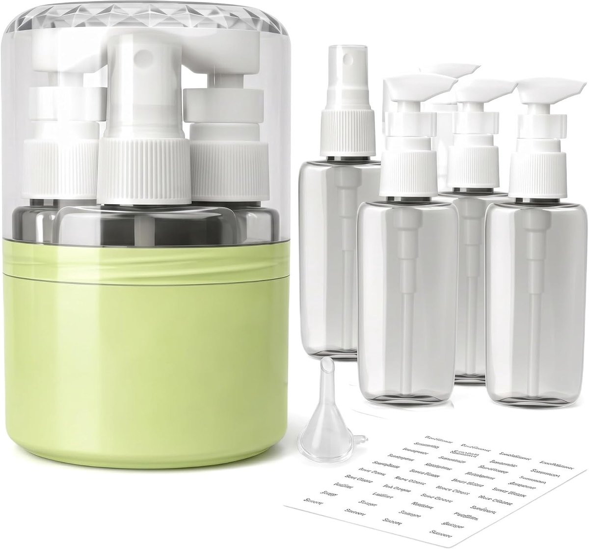 4-in-1 reisflessen om te vullen, shampooflessen om te vullen met 3 pompdispensers + 1 spuitfles en trechter en etiketten, reisset om te vullen voor shampoo, conditioner, crème, zakelijke vluchten