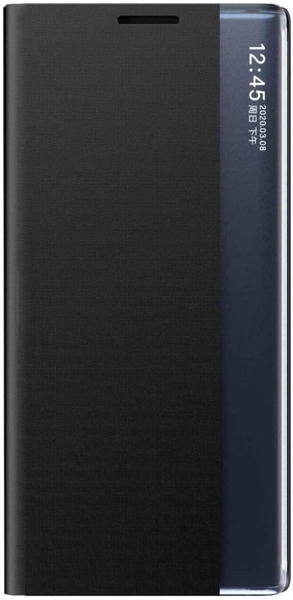 Hoesje voor Samsung Galaxy S23 Ultra 5G, premium PU-leer/PC binnenschaal flip cover met spiegel helder display, Smart View, opvouwbare standaard telefoonhoesje, zwart