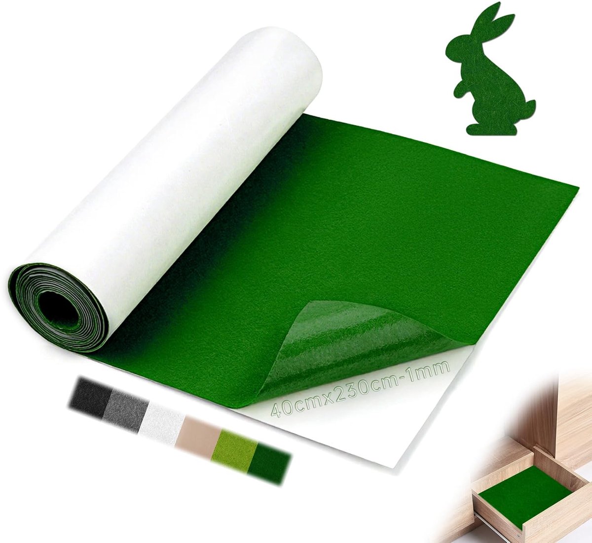 Vilt Zelfklevend 1 mm x 230 cm x 40 cm Kleefvilt Zelfklevend Viltstof Groen Naaldvilt Meterware Viltmat voor Camper Dakhemel Stof Wandbekleding Meubels Schuifladematje DIY