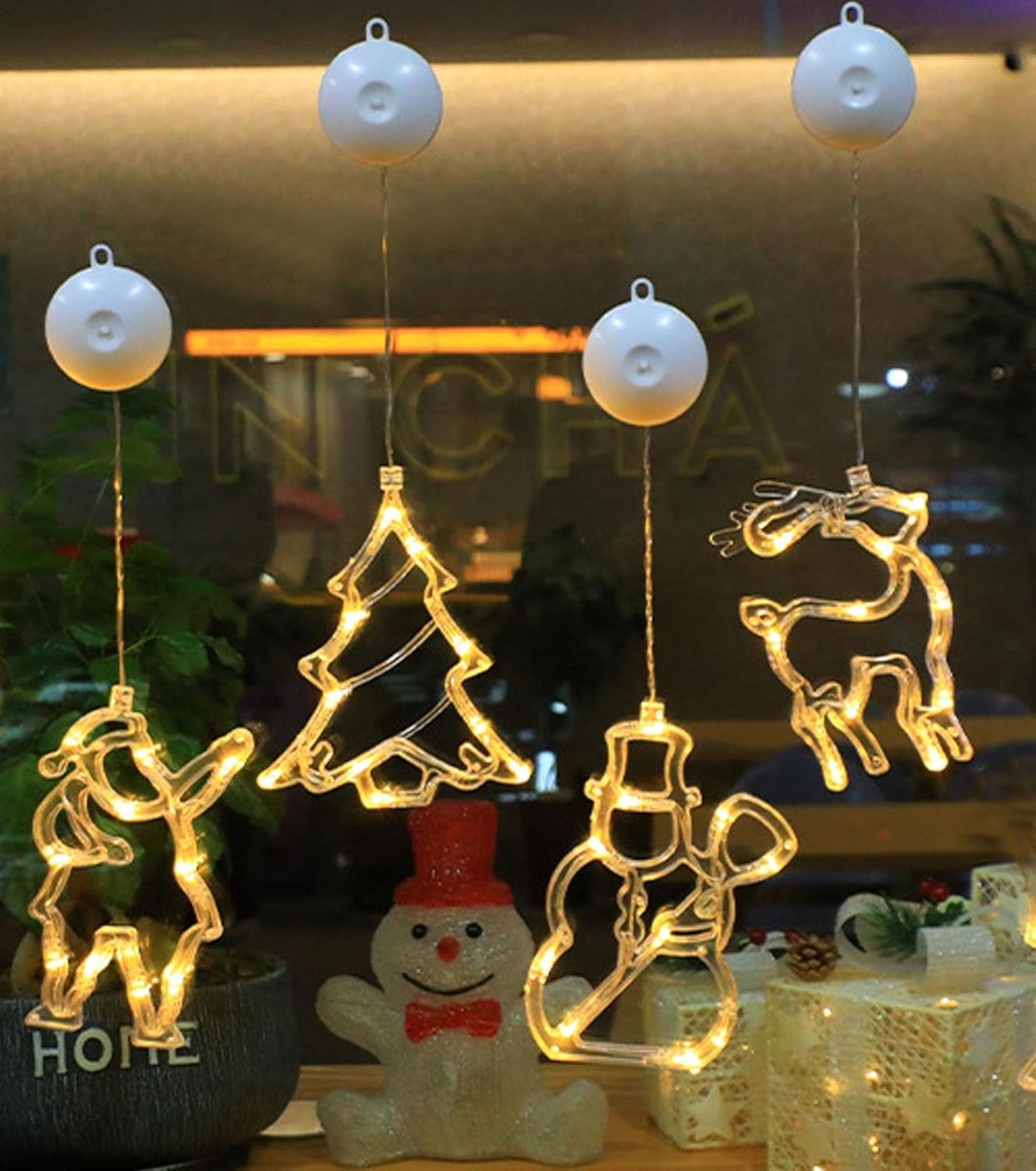 4 Stuks Led-Lichtsnoer, Kerstdecoratie, Raamverlichting, Hangend, Kerstverlichting op Batterijen, Met Zuignap, Lichtgordijn voor Binnen en Buiten (Kort)