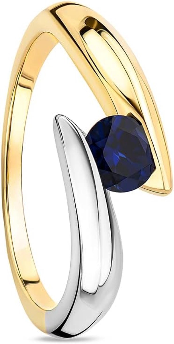 9 karaat (375) gouden sieraden dames bicolor ring witgoud en geelgoud met edelsteen / geboortesteen september blauwe saffier verlovingsring