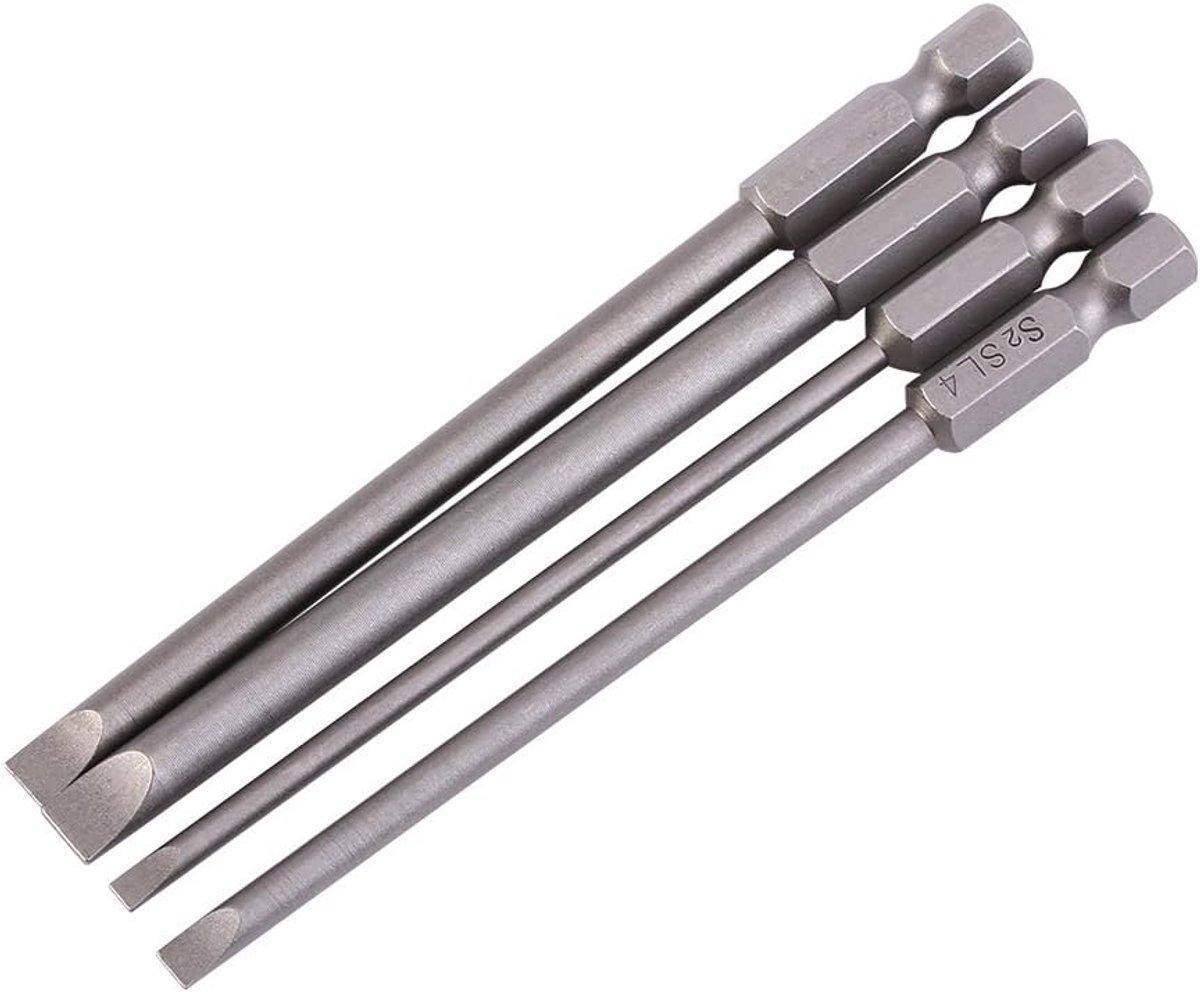 4 stuks schroevendraaierinzetstukken, schroevendraaiersets S2 gelegeerd staal magnetische platte kop sleuf punt sleuf 100 mm 1/4 inch zeskantschacht vorm 3 mm-6 mm