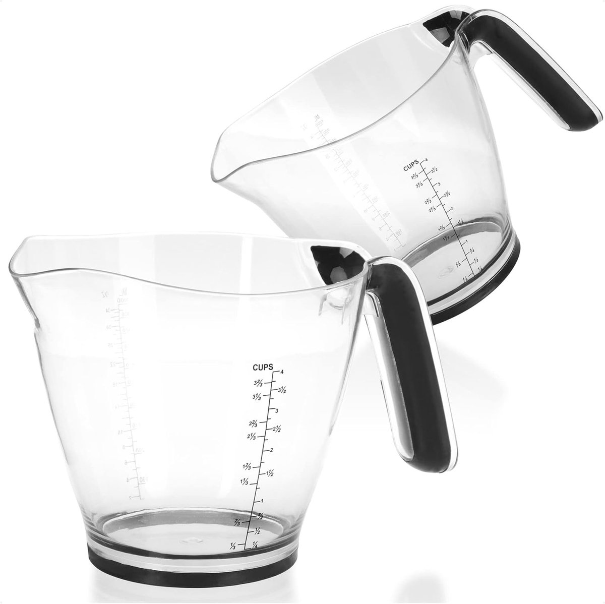 SnelShoppen - 2 x Plastic Maatbekers - Maatbeker met Schaal in Milliliters, OZ en Koppen - Antislip Maatbeker - Keukenhulp 1000 ml (2 Stuks - Maatbeke