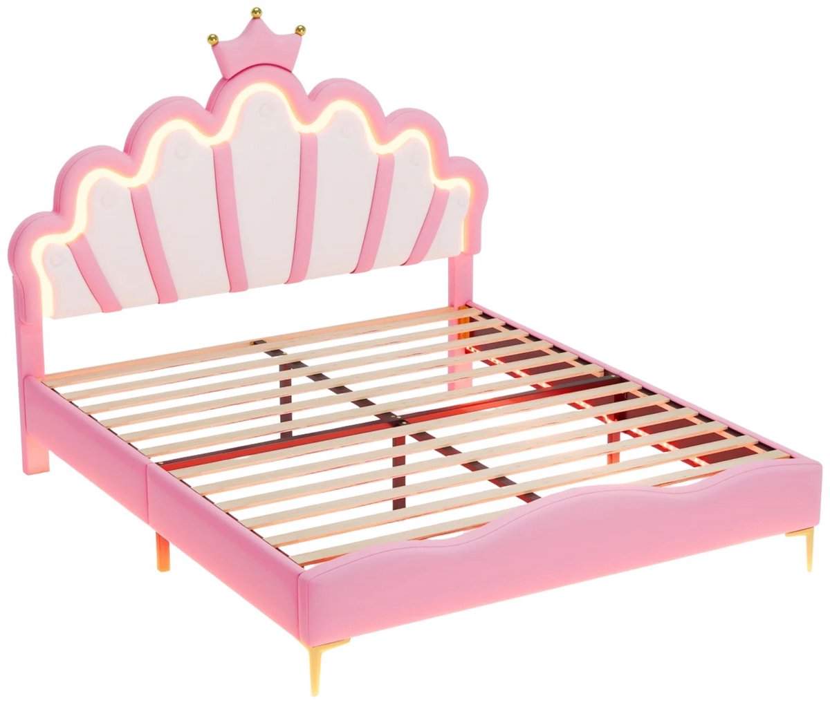 Kinderbed 140 x 200 Cm - Opbergbed met Lades, LED - Roze met LED en Opbergruimte - Hoofdbord en Lattenbodem - voor Kinderkamer of Jeugdkamer