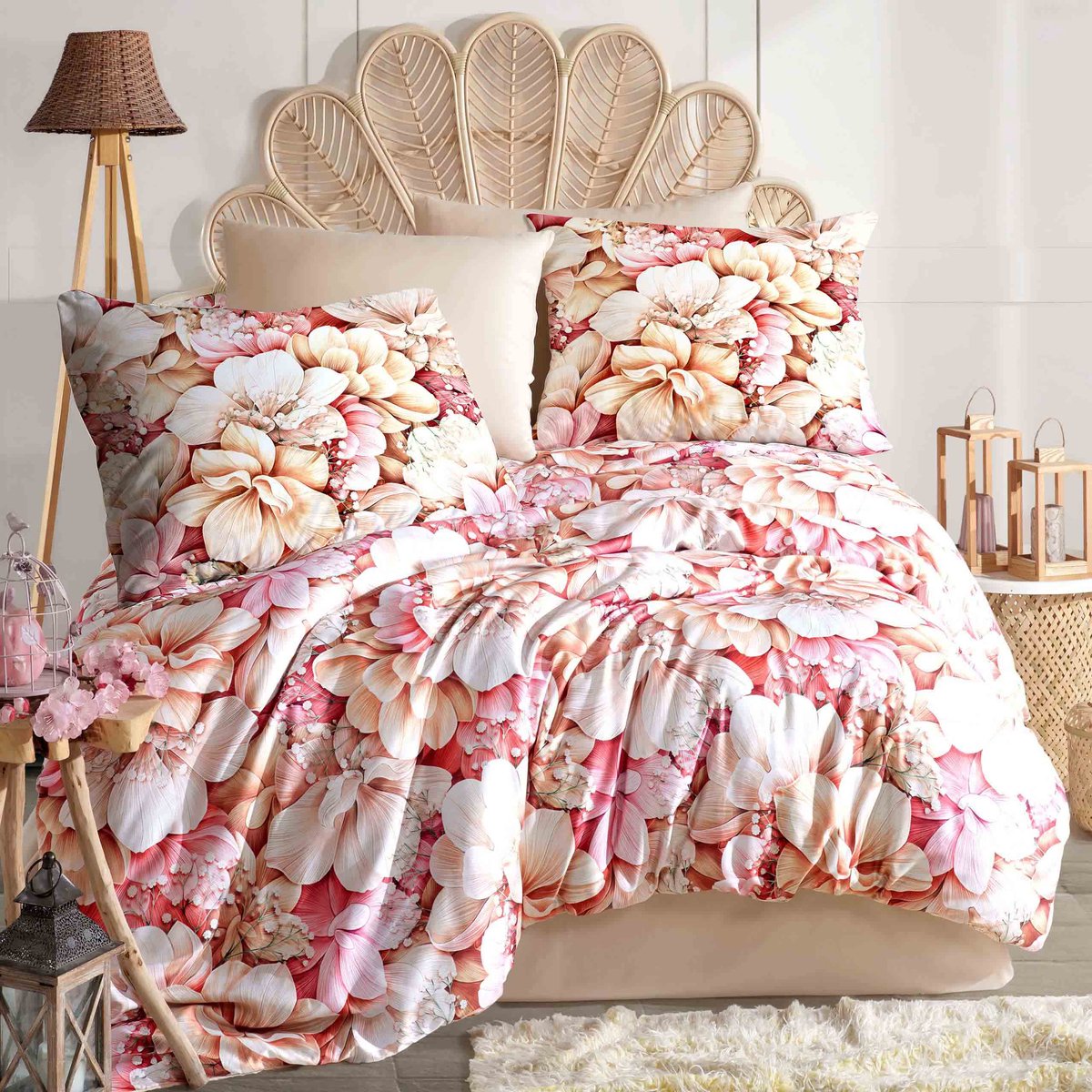 Darymex Luxury Dekbedovertrek 220x200 cm - Roze / Poederroze - Grote Bloemen - 100% Katoen-Satijn (127 g/m²) - Lits-Jumeaux - Met Ritssluiting - Luxe Cadeaubox - OEKO-TEX® - Met 2 Kussenslopen 70x80 cm