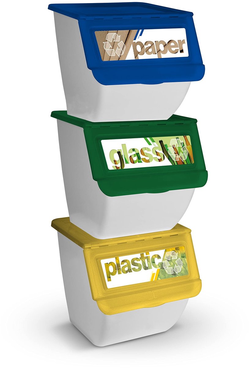 Omgoods - Set van 3 Stapelbare Recycling Bakken met Wielen en Opvouwbaar Deksel