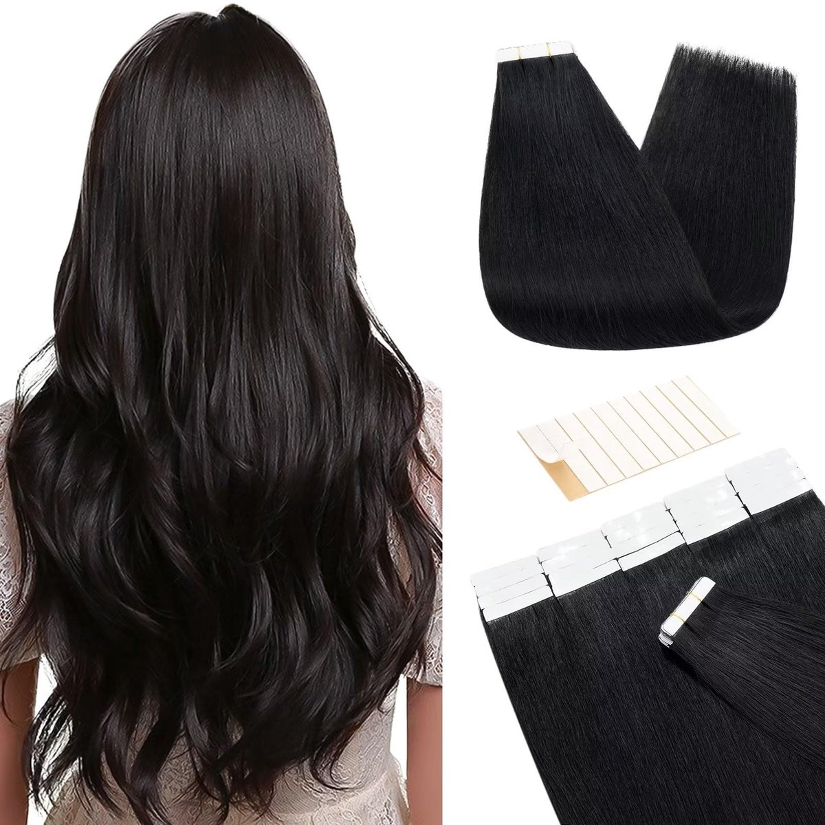 Omgoods - Tape-in Extensions van Echt Haar, Zwart #1, 50 cm, 25 g