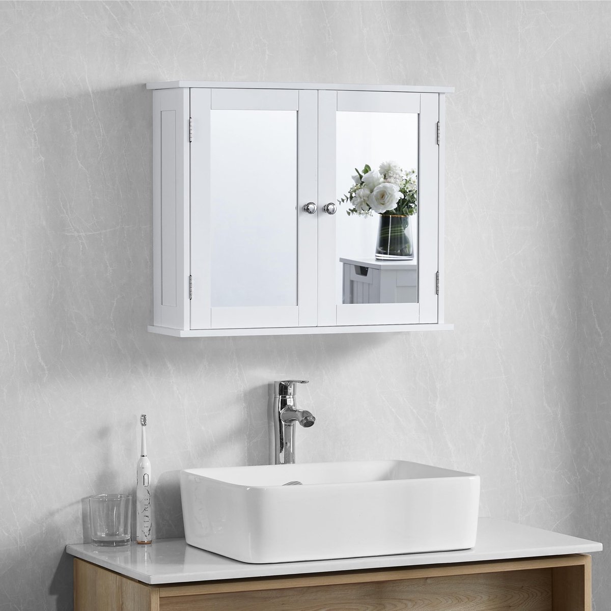 Omgoods - Priano Dubbele Deur Spiegelkast voor de Badkamer, Wandgemonteerd, Wit