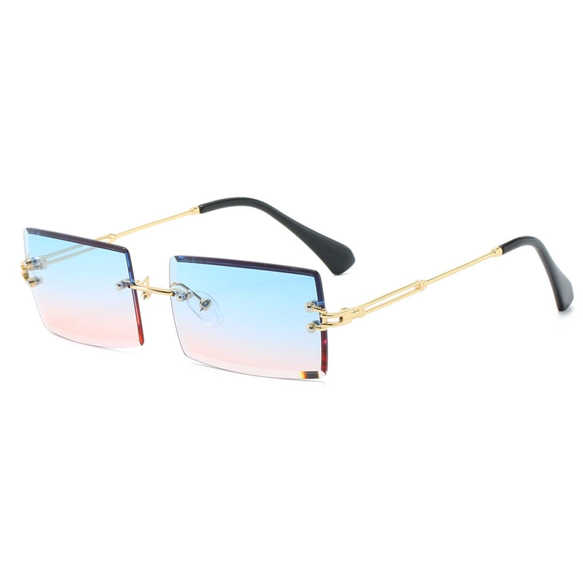 Omgoods - Retro Randloze Zonnebril voor Dames en Heren, A-Goud/Blauw Roze