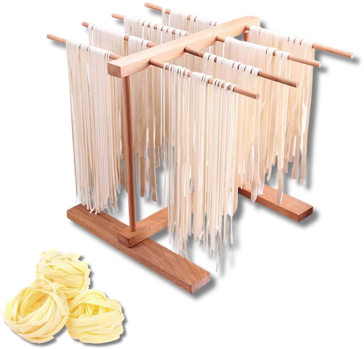 Omgoods- Pasta Droogrek Opvouwbaar - Beukenhout - 8 Beugels - 30,3 cm Hoogte - 28 x 30 cm Onderkant - Efficiënt Drogen - Noedelrek