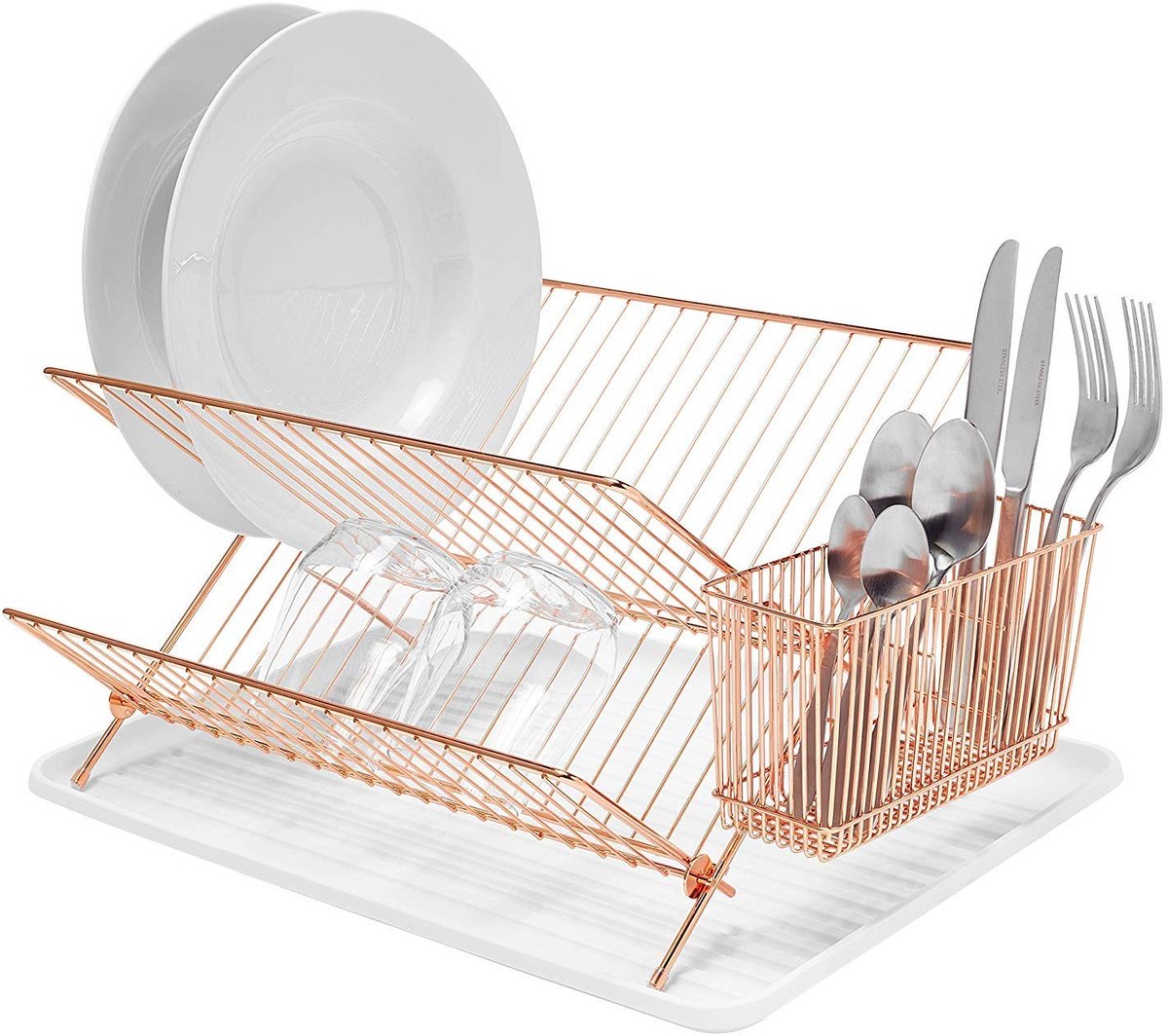 Omgoods - Vouwbare Afwasrek - Plate Droogrek met Bestekhouder in Koper