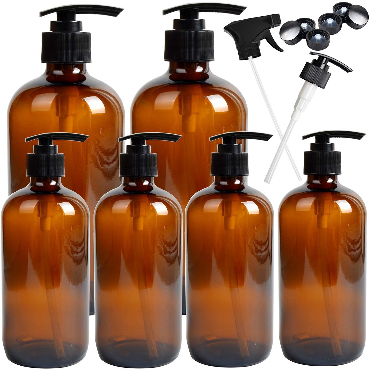 Omgoods - Set van 6 Amber Glazen Pompflessen voor Badkamer en Keuken