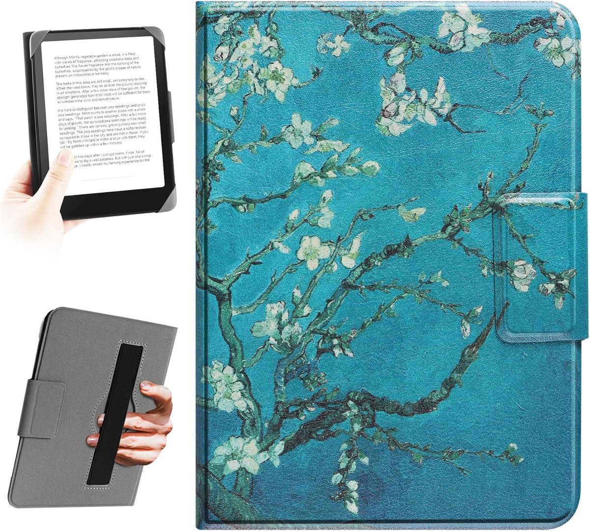 Universele hoes voor e-readers van 6,8 inch, 7 inch. Compatibel met Kindle, Kobo, Paperwhite, Pocketbook, Tolino e-Readers. Elastische hoes voor e-booklezers van 6" - 7". Bloem