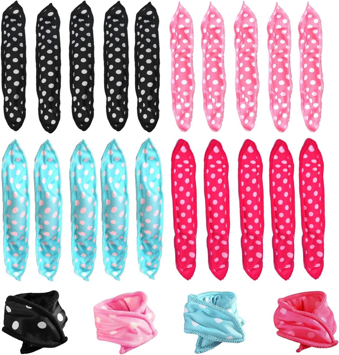 20-delige Set Warmtevrije Haarrollers - Zachte Sponsrollers voor Vrouwen & Meisjes (Zwart/Roze/Blauw/Fuchsia) - 21x3,5cm voor Kort & Halflang Haar, Nachtvriendelijk