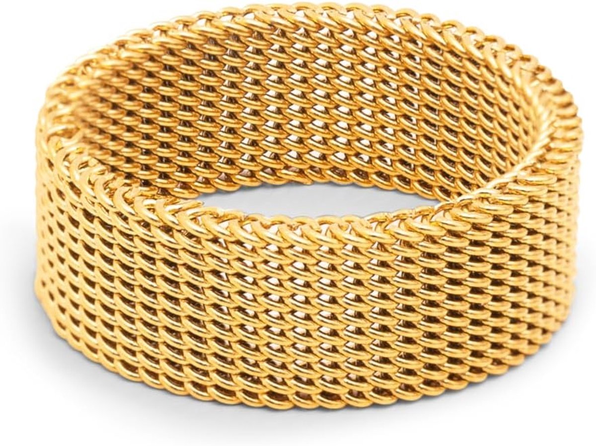 - Mesh Ring - Stalen ring met 18Kt vergulde afwerking - Brede en Maxi-ring met een hoogte van 8 mm en een dikte van 1,9 mm - Beschikbare maten 10-16 - Damessieraden