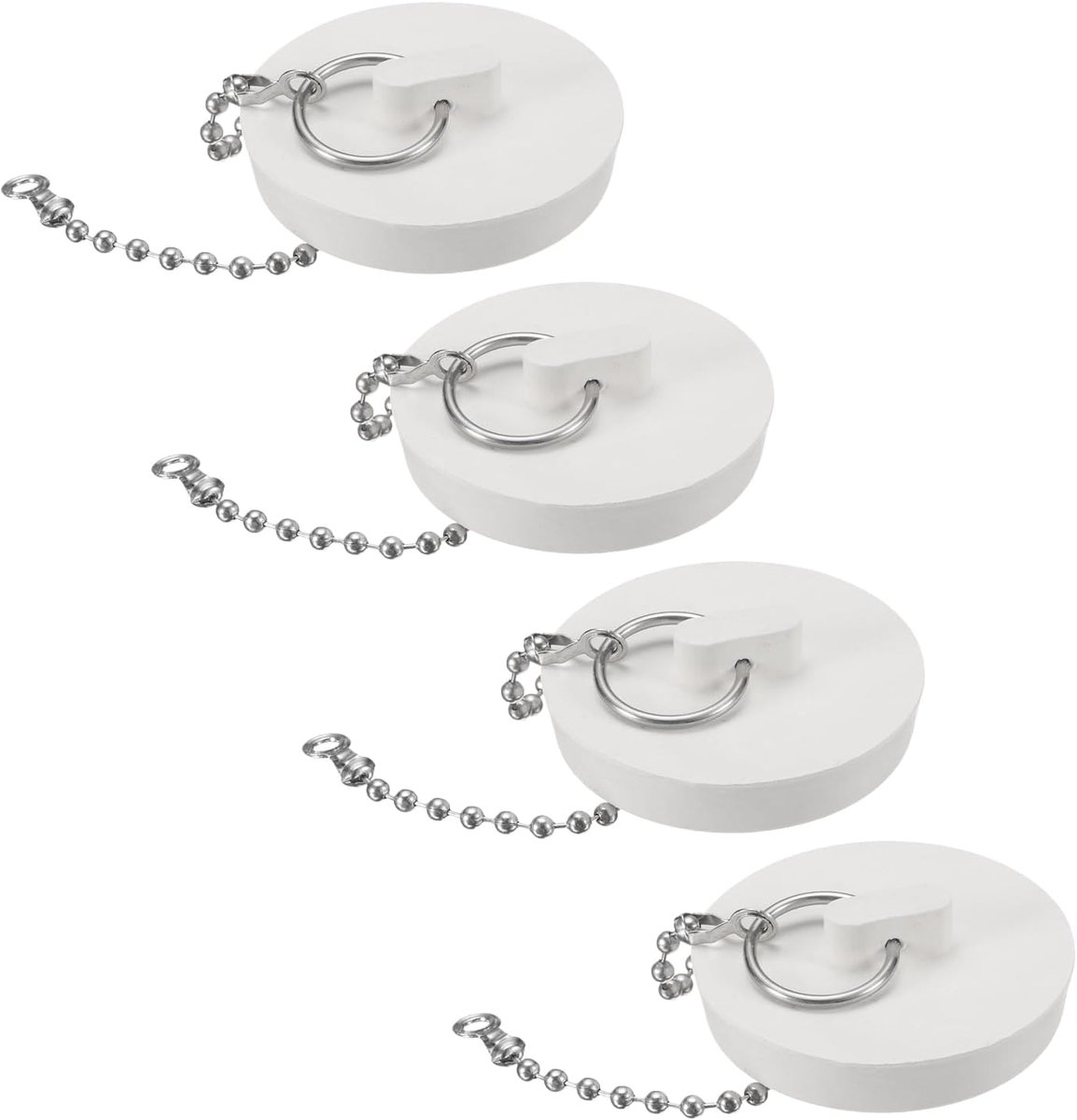 4 stuks badstoppers, rubberen stoppen voor badkuipen 1-7/8" gootsteenstop, badkamerafvoerstop met trekring en 15 inch parelketting, wit