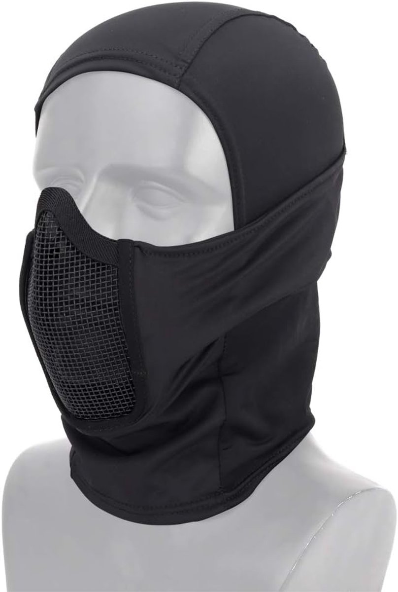 uitrusting, ademende bivakmuts, netmasker, volgelaatsmasker, airsoft, CS, jacht, fietsen, capuchon, nekwarmer, zwart, M