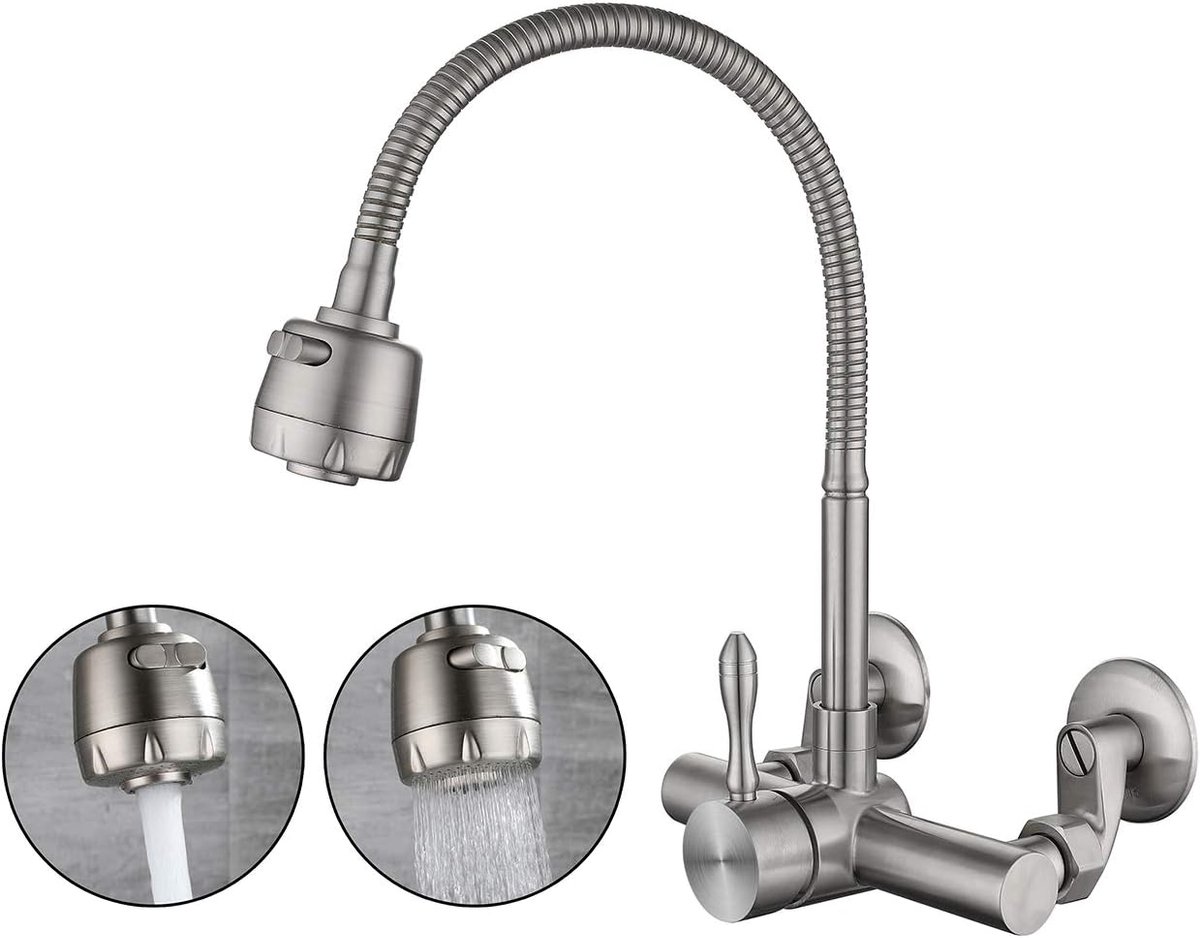 Wandkraan Keuken Muur 360 ° Draaibare Eengreeps Mengkraan Koud Water Mengkraan Tap Excentrieke S-Aansluitingen Afstand Tussen Montagegaten 63Mm-240 Mm