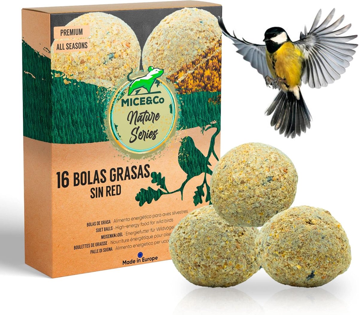 SnelShoppen - Vetbollen zonder Net voor Tuinvogels met Zaden | 16 x 90 g | 100% Natuurlijke Ingrediënten, Extra Energie voor Vogels, Rundvet Basis, Vo