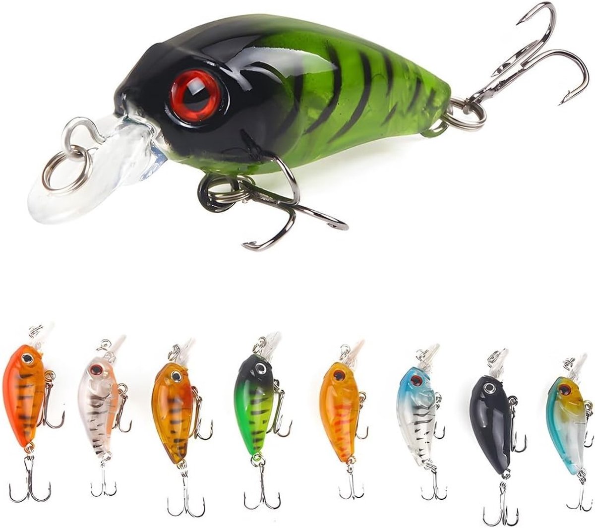 Set van 8 drijvende kunstaas voor baars, forel, zalm en snoek; realistische simulatie voor zoutwater vissen