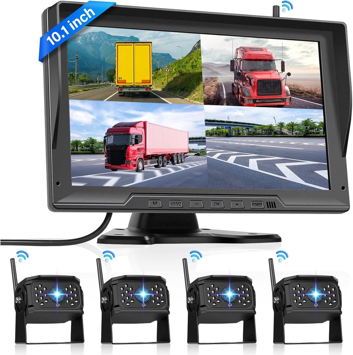 Draadloze digitale achteruitrijcamera, 4 camera's kit 10,1 inch IPS-scherm gesplitst scherm met opname nachtzicht achtercamera auto vrachtwagen/aanhangwagen/camper
