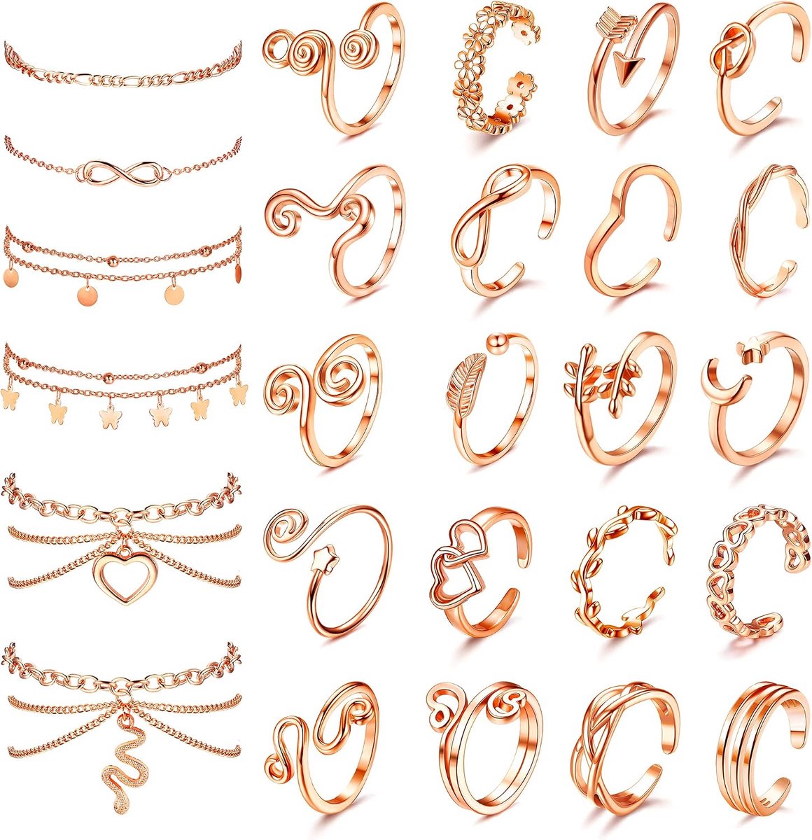 Teenringen en enkelarmbanden voor vrouwen, zilver, roséverguld, schattige lagen staartring, verstelbare strandvoetsieraden voor de zomer