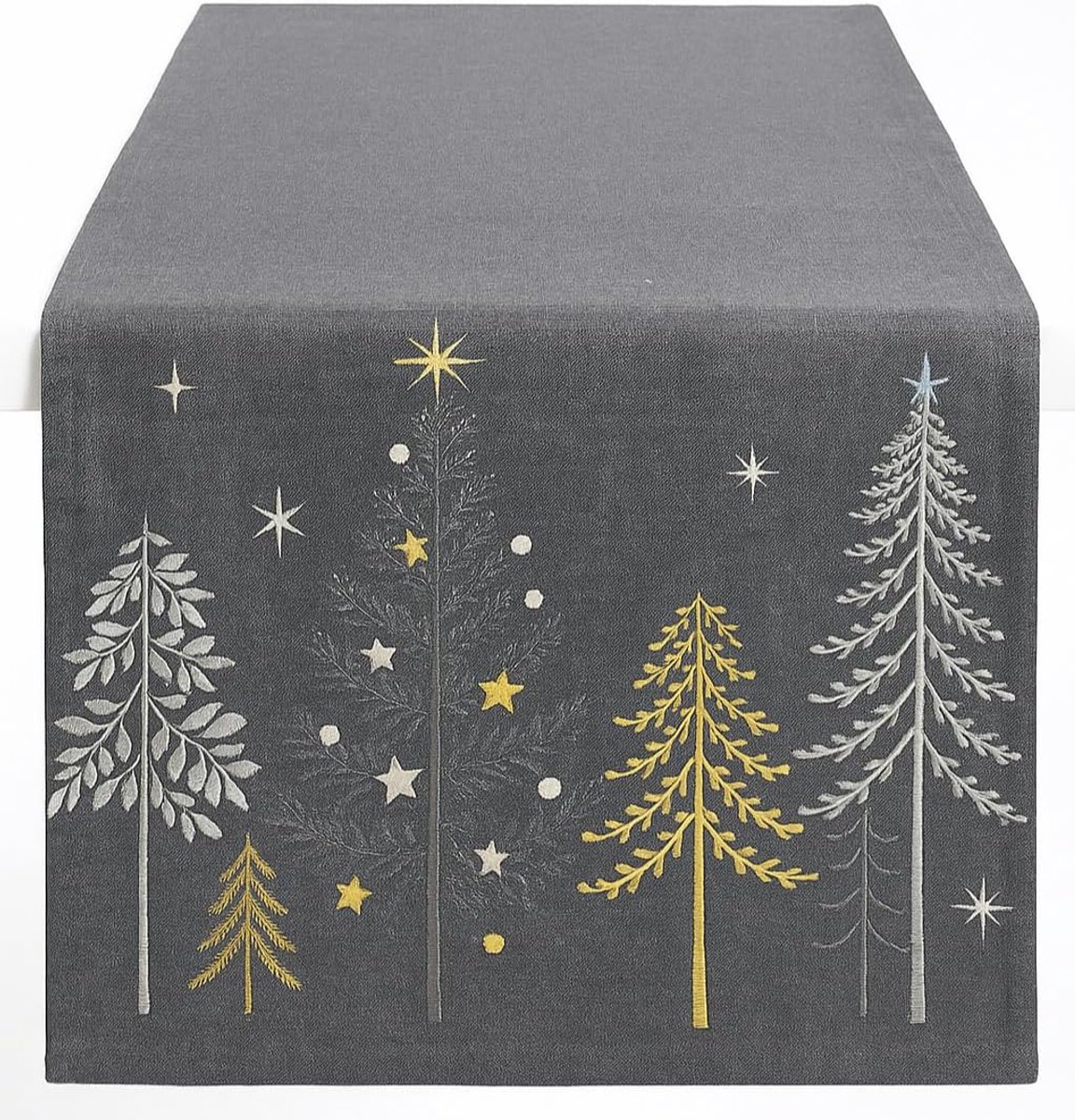 Tafelloper Kerstmis 140 x 40 cm - grijze loper met witte en gouden kerstbomen en sterren - feestelijke tafeldecoratie voor winter en advent