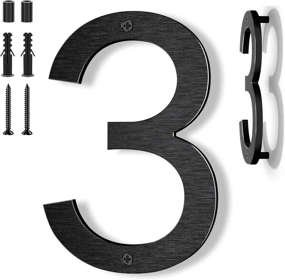 20 cm zwart huisnummer – Groot adresnummer in massief aluminium met geborsteld oppervlak, montage met schroeven en zwevend 3D-effect, weerbestendig – Voor muur, gevel, poort, garage (3)