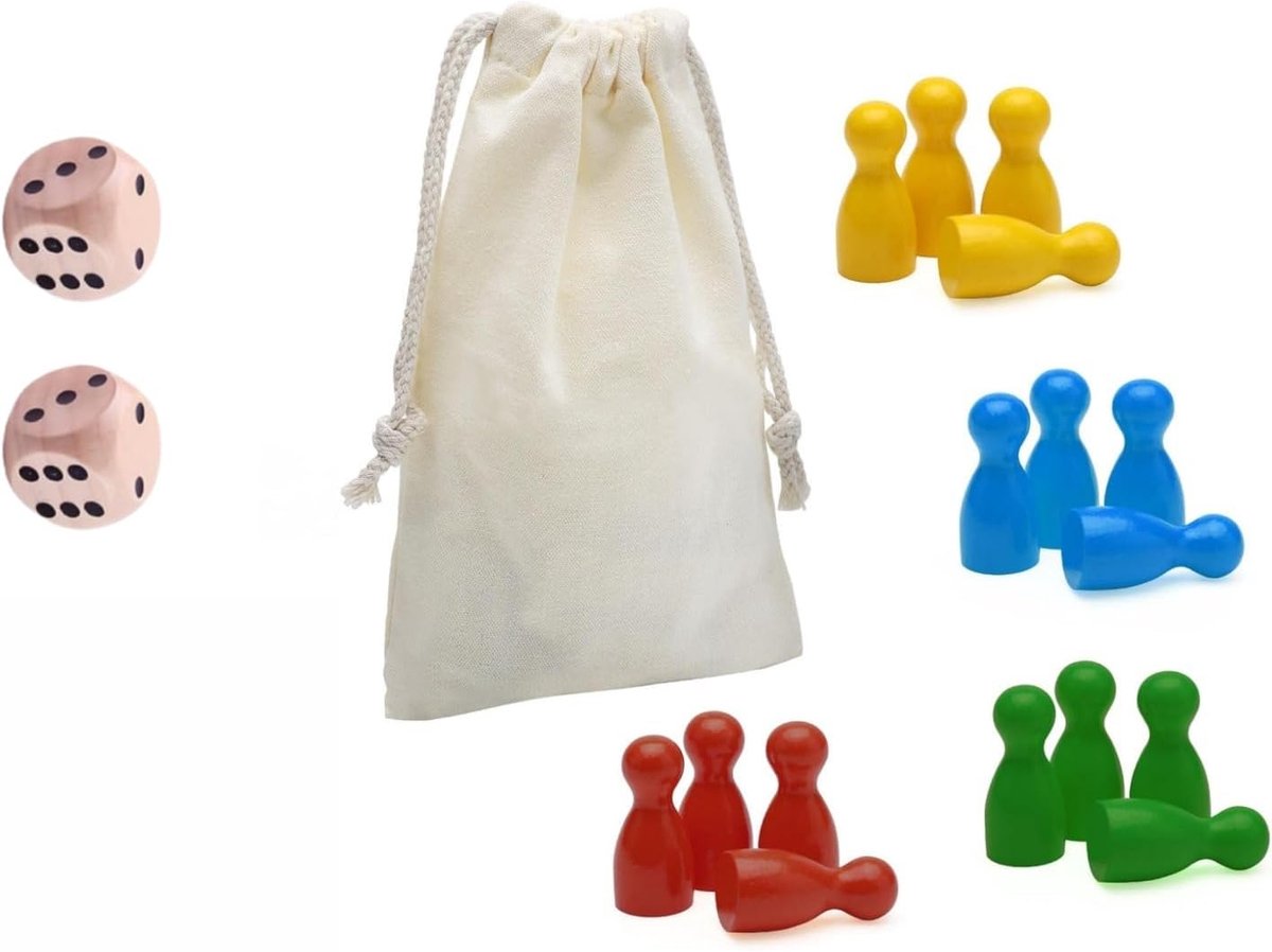 16 stuks speelfiguren voor bordspellen, kleurrijke speelfiguren, kleurrijke halmakegels, houten poppen, speelfiguren van hout voor bordspellen, 2 houten dobbelstenen voor bordspellen en 1 opbergtas