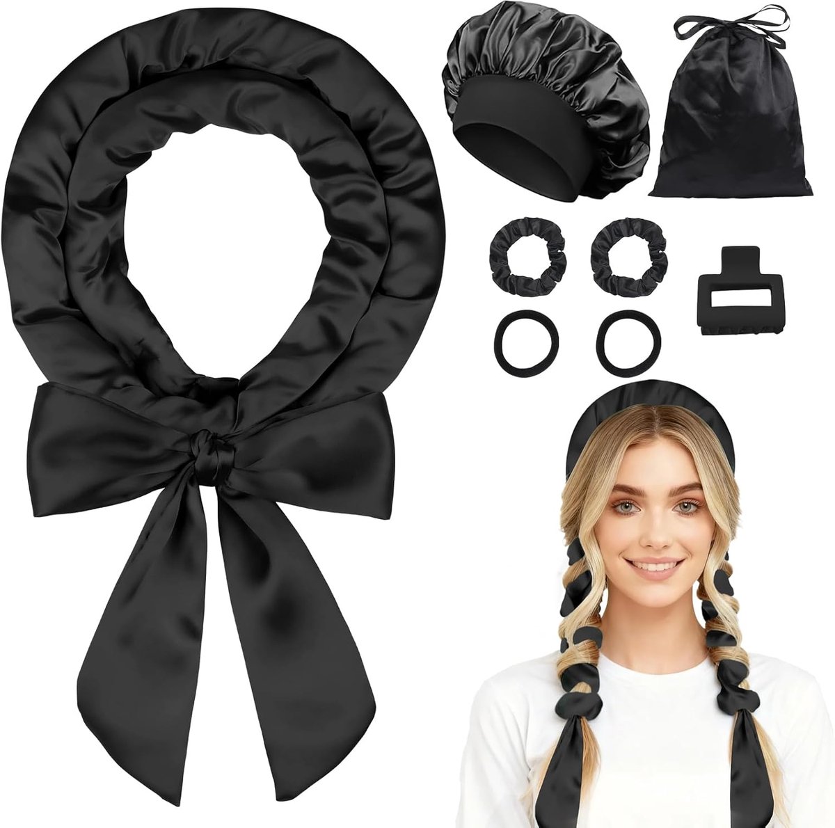 Krulspelden 's nachts krullen zonder hitte voor lang haar, overnight curls krulband 's nachts, krulspelden zonder hitte set met bonnet - 8 stuks, zwart