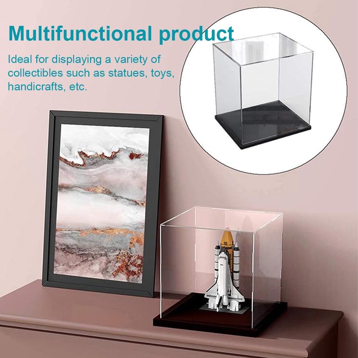 vitrine 10 x 10 x 10 cm - acryldoos met 2 mm dikte - monteerbare kubusvormige display met 5 mm zwarte bodemplaat, stofbescherming, box voor verzamelfiguren, modellen, decoraties