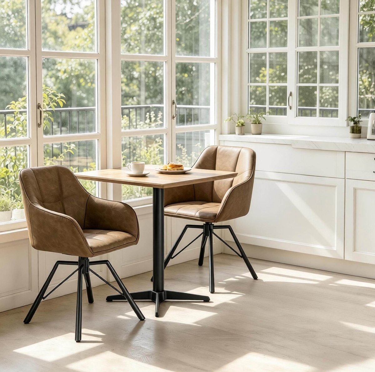 MIVRAY Eetkamerstoel - 57 x 54 x 82,5 cm - 360° Draaibaar Met Armleuningen - Voor Eetkamer En Keuken - Kunstleer Metaal - Bruin