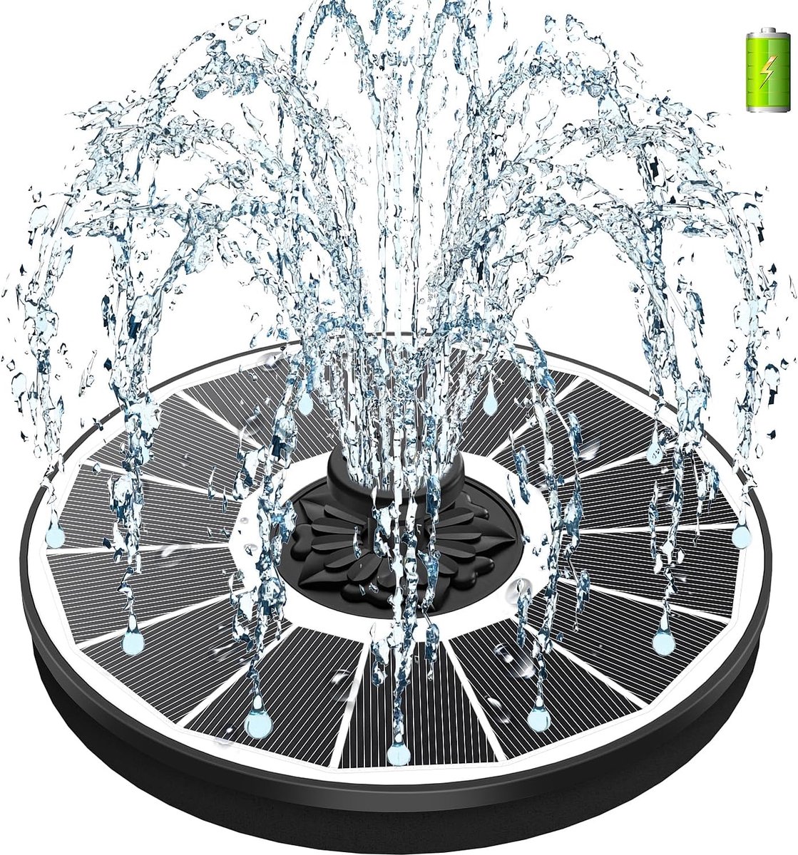 Fontein op zonne-energie, 2026, 3,5 W, vijverpomp op zonne-energie, 2000 mAh accu, werkt op troebele dagen, drijvende fonteinpomp op zonne-energie, met 8 effecten en 4 vaste buizen voor tuin