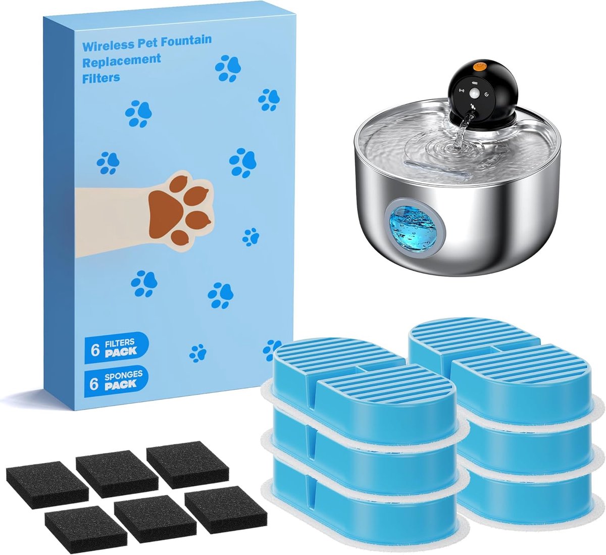 12 kattenfonteinfilters: 6 actieve koolfilters + 6 sponsfilters voor 3 maanden kattenfontein